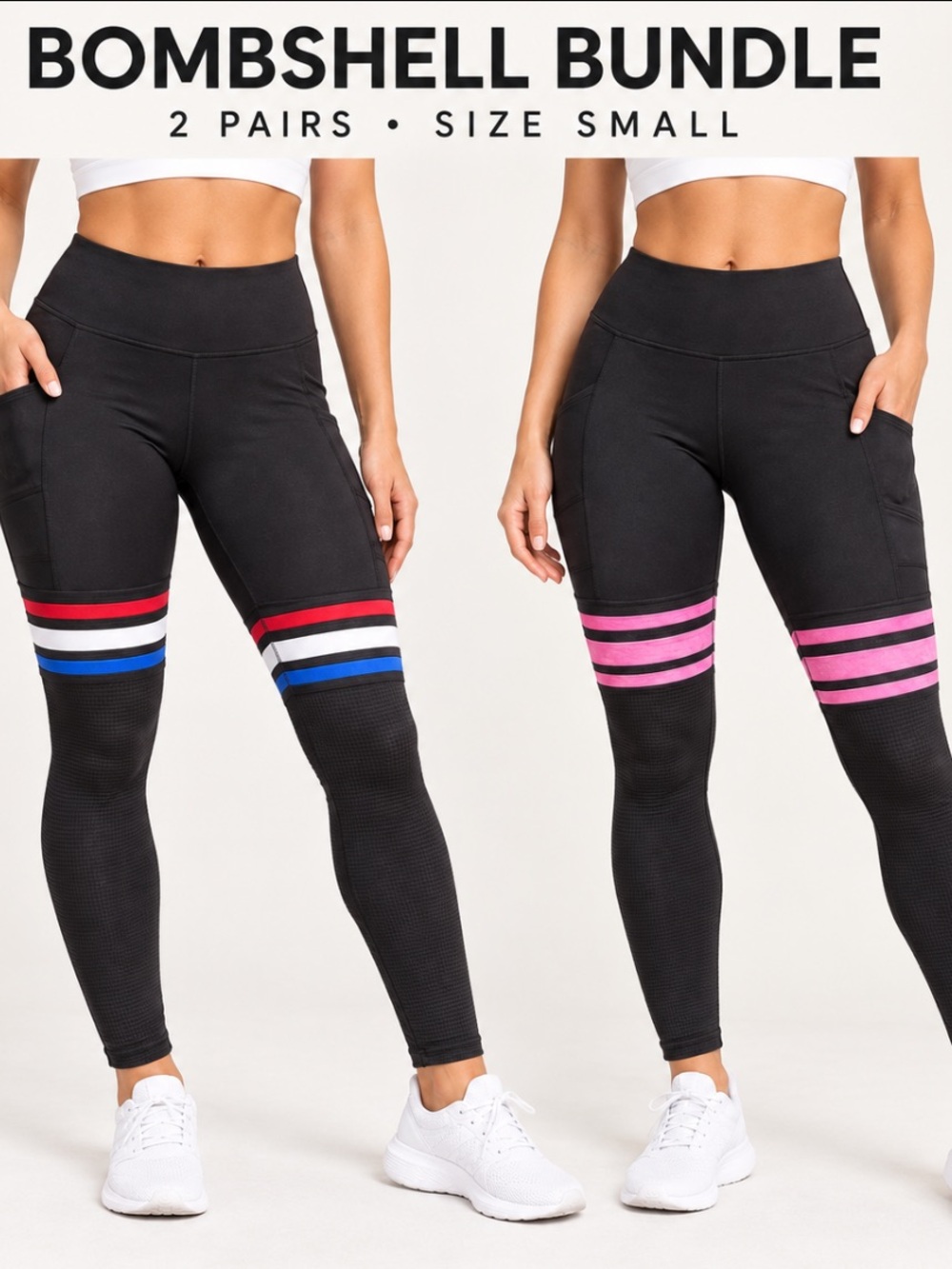 Bombshell Sportswear Black Leggings Duo with Pink, Blue & Red Stripes